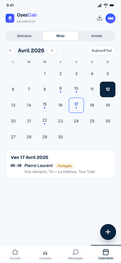 Calendrier mensuel des courses et indisponibilités