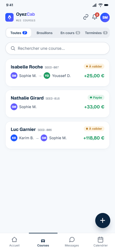 Liste des courses avec statuts et montants