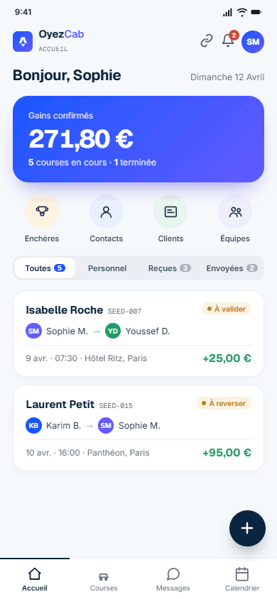 Tableau de bord Oyez Cab : gains, courses en cours et raccourcis