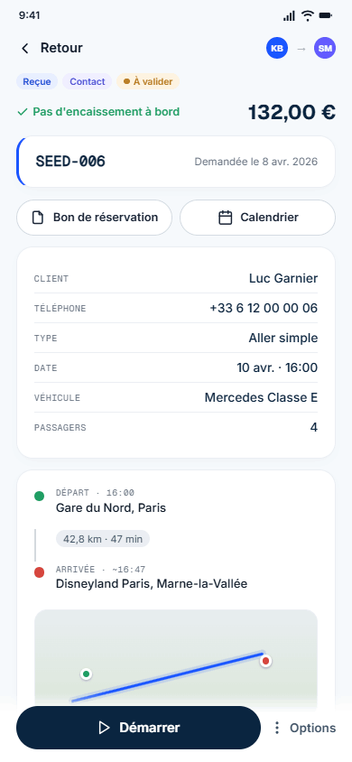 Course dispatchée reçue de Karim, à valider, avec trajet et carte