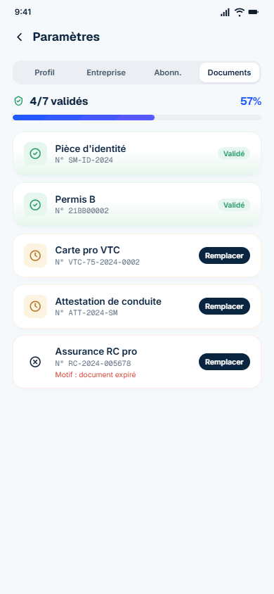 Documents professionnels : pièce d'identité, permis, carte VTC, validés